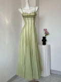 MQTIME  -  Sexy Spaghetti Strap Square Neck Ruffles Design Long Dress Women Matcha Sleeveless A-line Dresses Elegant Evening Party Gowns