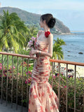 MQTIME  -  Rose Hanging Neck Bra Flower Fishtail Long Dress Summer New French Vintage Waist Slimming Print Long Strapless Dress for Women