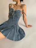 MQTIME  -  Thin waist, long legs, sexy, sweet and spicy style denim camisole dress, tie up strapless A-line skirt, summer spicy girl