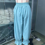 MQTIME  -  New Women Summer Casual Lantern Pants Fashion Falbala Ruffle Hem Elastic Waist Cotton Linen Blend Loose Fit Ladies Trousers