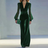 MQTIME  -  Fashion V-neck Velvet Wide Leg Jumpsuits Elegant High Waist See-through Sleeve Party Playsuits Temperament Lady Casual Rompers