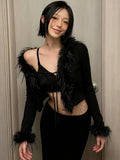  MQTIME  -  Streetwear Women Fur Patchwork Cardigan Harajuku Vintage Slim Fit Sexy Grunge Tops Autumn Y2k Aesthetic Cropped Black Sweaters