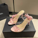 MQTIME  -  Luxury Bowknot Super High Heel Ankle Strap Sandals Women Summer Sexy Cross Strap Stilettos Sandals Woman Pink Wedding Shoes