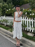  MQTIME  -  Casual Women's Skirt Set O-neck Sleeveless Top Long Skirts Female Lace Sets Summer Vacation Holiday Fashion Lady Outfit