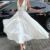 MQTIME  -  White V-neck Dress Elegant Strap Dresses Backless Long Vestidos Solid Color Ankle Length Skirt for Lady Party Street Engagement