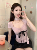 MQTIME  - Lace-Up Neck Tie Ribbon Bow Slim T-Shirt Summer Women Skinny Elegant T Shirts Top#korean y2k cloth e-girl fairycore 2000s grunge