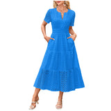 MQTIME  -  Summer New Women Short Sleeved Long Dress Trendy V-Neck Hollow Eyelets Ruffle Hem A-Line Dresses Pockets Female Vestidos