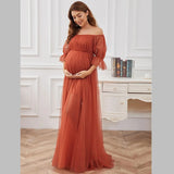 MQTIME  -  One Line Neck Maternity Ceremonial Dresses Short Sleeved Gauze Solid Color Long Pregant Dress Classic Cozy Photography Clothing