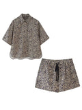 MQTIME  -  Leopard Print Shirts Shorts Sets Women 2024 Summer Single Breasted Lapel Short Sleeve Shirt Wide Leg Drawstring Shorts Outfits