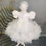 MQTIME  -  White Flower Girl Dresses Tulle Sequin With Bow Short Sleeve For Wedding Birthday First Communion Gowns