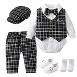 MQTIME  -  Infant 1st Birthday Gentleman Clothes Newborns Plaid Vest Hat Pants White Bodysuit Wedding Costume Baby Boy Formal Boutique Set