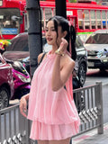 MQTIME  -  Elegant Pink Halter Dress Women Fashion Sleeveless Backless Layered Ruffle Loose Dresses  Summer Lady Beach Vacation Robes