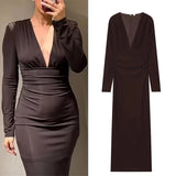  MQTIME  -  New Women Fashion Dress Elegant Long Dresses V neck Ruched Chic Bodycon Dresses For Women Long Sleeve Evening Party Dress ﻿