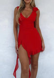 MQTIME  -  Summer Sexy Girl V-Neck Solid Mesh Tassel Mini Dress New Style Fashion Slimming Sweet Asymmetrical Ruffled Dresses for Women