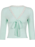 MQTIME  -  Vintage Lace Patchwork V Neck Slim Lace-up French Short  Top Female