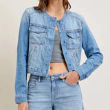 MQTIME  -  Autumn New Women's Slim Fit Short Style Collarless Long Sleeved Denim Jacket with Multiple Pockets Workwear Jacket