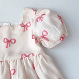 MQTIME  -  Bow Print Princess Dress Girls Puff Sleeved Dresses Summer New Casual Sweet Kids Clothes Bowknot Print Dress 2-8 Years Wear