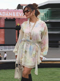  MQTIME  -  Fashion Printed Patchwork Short Dresses Women Elegant Long Sleeve Hollow High Waist Belt Mini Dress Lady Summer Chic Caual Robe