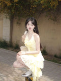 MQTIME  -  Mini Dresses Women Elegant Irregular Sleeveless Halter Ruffles Bandage Backless Sweet Fashion Party Dress Female Casual