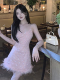 MQTIME  -  Party Dress Women Sexy Slim Sequins Spliced Fur Strapless Dresses Spring Summer Sleeveless Fashion Vestidos