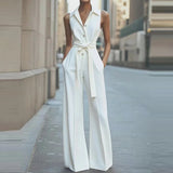 MQTIME  -  Casual Lace-Up Solid Color Long Jumpsuits Women Fashion Waist Pocket Straight Romper Elegant Lapel Button Office Playsuits