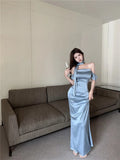 MQTIME  -  Satin Halter Sleeveless Transparent Slip Solid Zip Up Elegant Sexy Maxi Prom Dress Summer Women Wedding Party Vestido Outfit