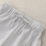  MQTIME  -  Children's Cotton Linen Buttons Black And White Striped Suit Autumn New Boys And Girls Long-Sleeved Shirt Drawstring Shorts Sets