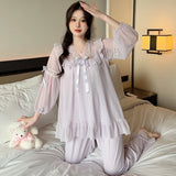 MQTIME  -  Sweet Cherry Printing Chicly Lace Female Pajamas Set Autumn New Fashion Lace-up Loose Simple Casual Pajamas for Women
