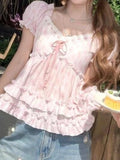  MQTIME  -  Sweet Temperament Flower Print V Neck Puff Sleeve Bow Ruffles Bandage Women Blouse