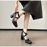 MQTIME  -  Ballet Style Fashion Satin Cross Strap Women Pumps Spring Summer Mary Janes Thick High Heels Lolita Ballet Dancing Chunky Shoes