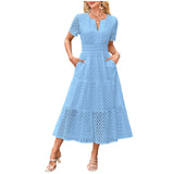 MQTIME  -  Summer New Women Short Sleeved Long Dress Trendy V-Neck Hollow Eyelets Ruffle Hem A-Line Dresses Pockets Female Vestidos
