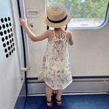 MQTIME  -  Vintage 100% Linen Flower Print Girls Dress With Pockets Summer New Baby Girl Sleeveless Casual Loose Spaghetti Strap Dresses