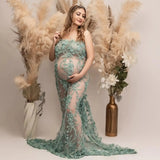 MQTIME  -  Exquisite Women Maternity Photoshoot Robes Lace Appliques Sleeveless Pregnancy Dresses Sexy See Thru Baby Shower Party Gowns