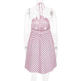 MQTIME  -  Loose Striped Halter Short Dress Women Chic Lace Up Sleeveless Backless A-line Beach Dresses  2025 Summer Lady Holiday Robes
