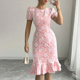 MQTIME  -  Commuting Solid Color Mid Dress Elegant Lady Short Sleeve O Neck Party Dress Sexy Slim High Waist Wrap Hips Dress Women