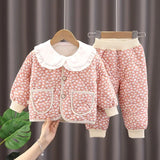 MQTIME  -  Baby Girls Cotton-Padded Jacket Set Winter Thick Warm Floral Print Quilted Coat+ Pants 2 Piece Set Cute Kids Casual Clothes