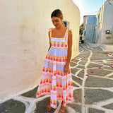 MQTIME  -   Halter Lace Up Print Dress Cake Contrast Color Pleated Layered Suspender Baggy Women Beach Strap Long Dresses Fuffy Robes Summer