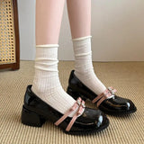 MQTIME  -  Fashion Mix Color Patent Leather Mary Jane Shoes Women Autumn Elegant Square Toe Medium Heel Pumps Sweet Pink Bowknot Shoes
