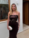 MQTIME  -  Elegant Brown Glitter Sequins Maxi Vestido Women Sleeveless Off Shoulder Strapless Drop Waist Slim Fit Dress 2025 New Party Wear