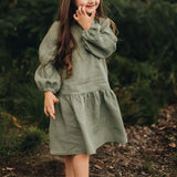  MQTIME  -  Vintage Mori Ruffled Collar Linen Dress Girls Spring And Summer Casual Solid Lantern Sleeve Long Sleeved Dresses Girl Dress
