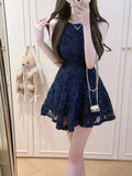 MQTIME  -  French Elegant Princess Navy Blue Halter Neck Sequined Floral Lace Dress Women Ruched Waist Slim Fit Mini Dress Elegant Party