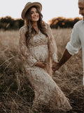  MQTIME  -  Elegant Sequin Maternity Dress Photoshoot Beige Long Sleeve V Neck Pregnancy Gown Vintage Maternity Photography Glitter Dresses