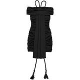 ﻿ MQTIME  -  Street Women Slash Neck Halter Ribbon Ruched Mini Dress 2025 Fall Evening Sexy Party Beach Vacation Dresses Vestidos