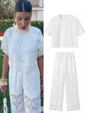 MQTIME  -  Hollow Out Solid Lace Pant Set Women O-neck Hook Pullover Top High Waist Trouser Suit 2 pieces 2024 Summer All-matching Outfits