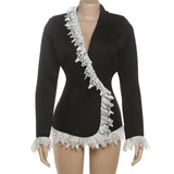 MQTIME  -  Black Elegant Blazer Femme 2025 Autumn Fashion Lace-Trim Short Dress Office Commuting Long Sleeve Jacket Women Top Coat