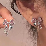 Mqtime Korean Bowknot Zircon Stud Earrings for Women Trendy Cute Pink Crystal Earrings Personality Y2k Earring Girl Party Jewelry Gifts