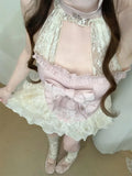 MQTIME  -  Korea Sweet Lace Two Piece Set Women Pink Bow Hollow Out Tops + Layered Ruffle Skirt Suit Elegant Princess Fairy Style Outfit