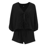 MQTIME  -  2 Pieces Short Sets Femme Black Sets Lace-up Cotton Solid Color Holiday Outfits Two Pieces Beach Summer Tracksuit