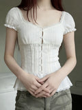 MQTIME  -  Y2k Lace Patchwork Solid Square Collar Sweet Puff Sleeve Ruffles Single Breasted Women Shirt