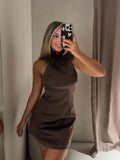 MQTIME  -  Women's Feather Patchwork Short Dresses Vintage Brown Slim Fit Backless Mini Dresses Party Evening Gown Casual Streetwear